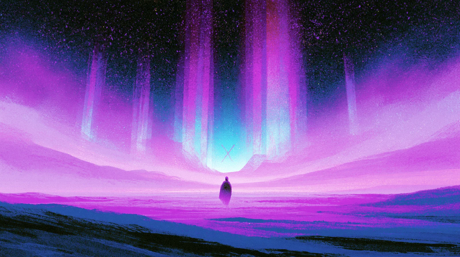 Una figura contempla un horizonte violeta monumental en el universo Intux