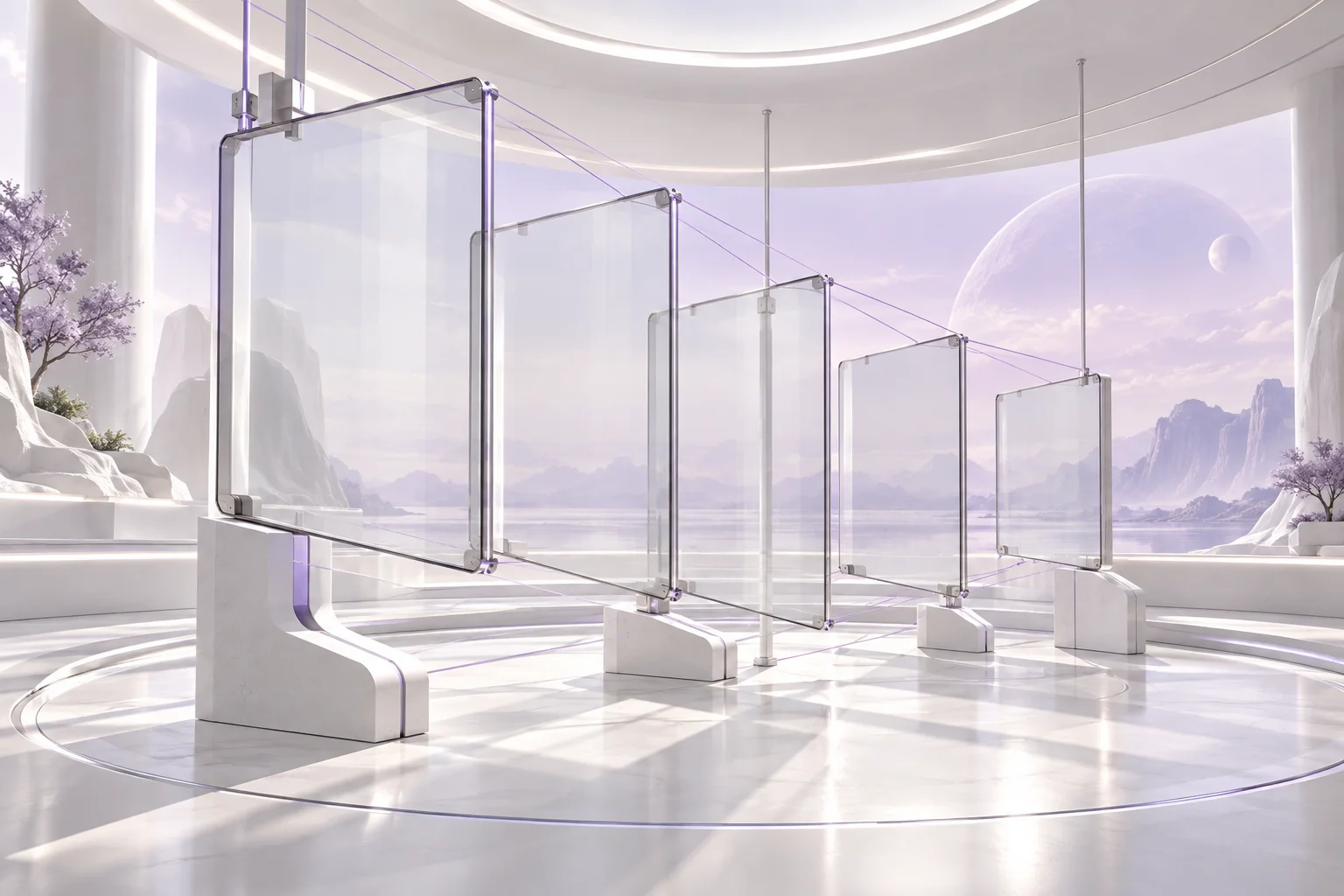 Estudio conceptual de arquitectura digital con planos de cristal en profundidad