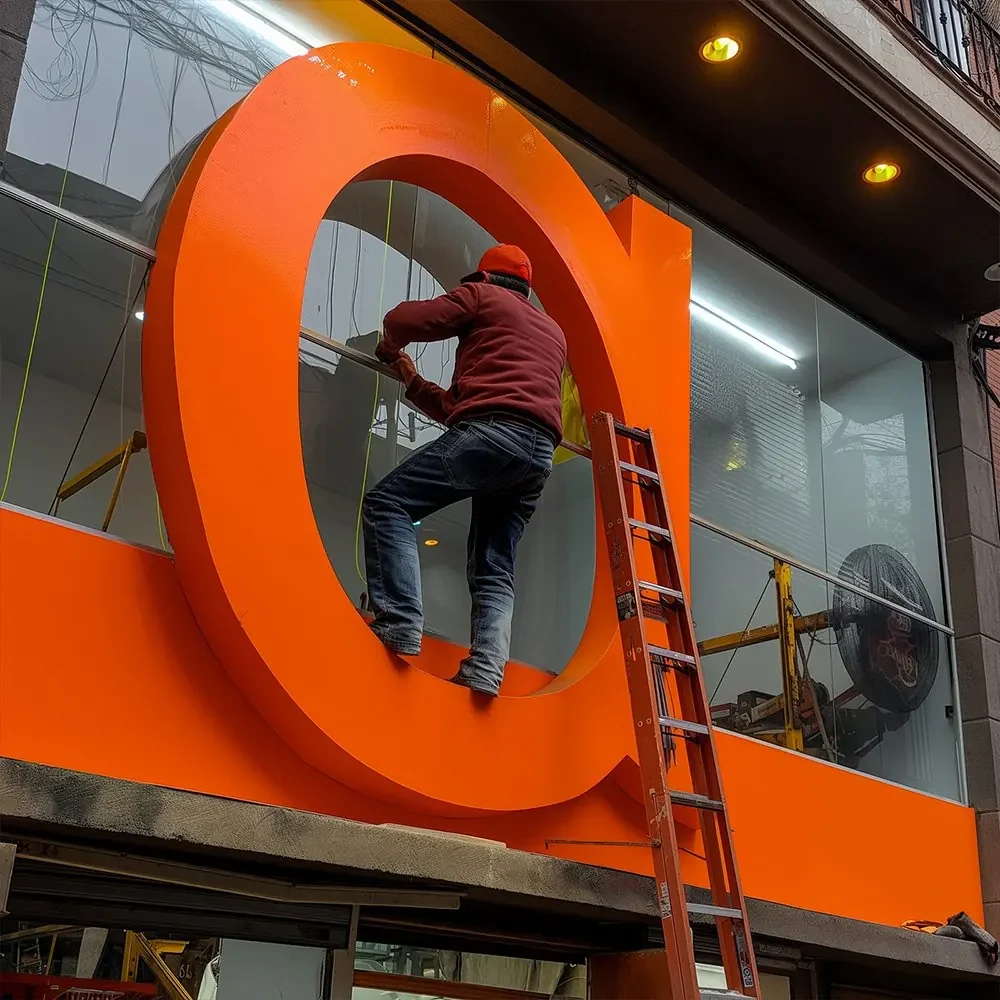 Montaje de letras corpóreas en fachada.