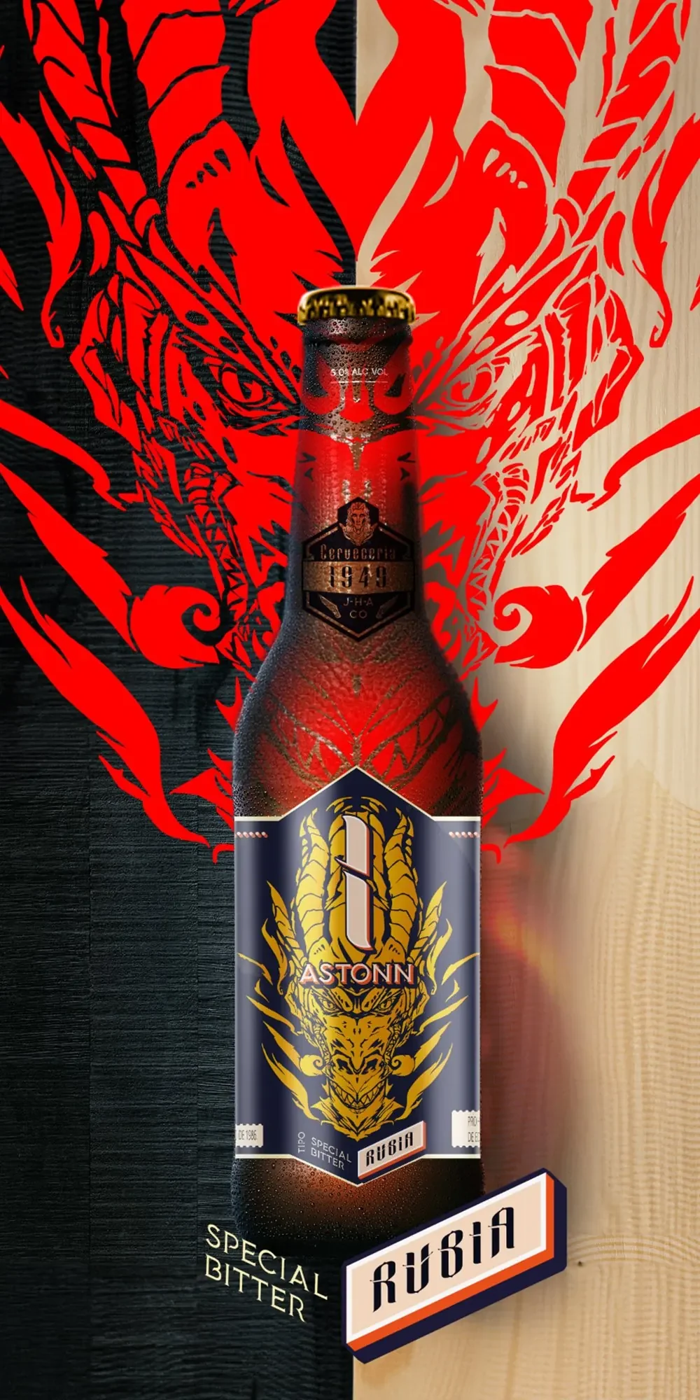 Etiqueta ilustrada aplicada a una referencia de cerveza.