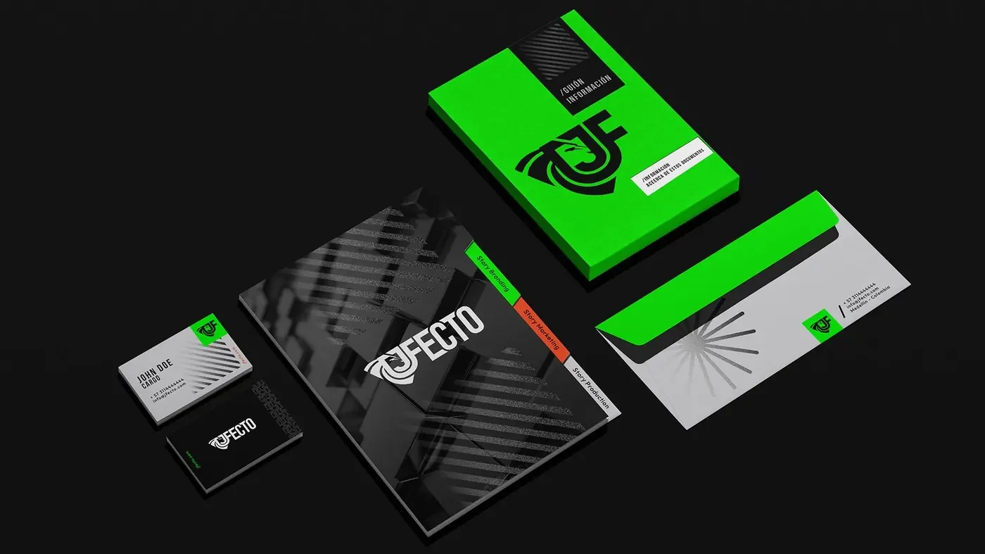 Sistema de papelería en negro, blanco y verde.