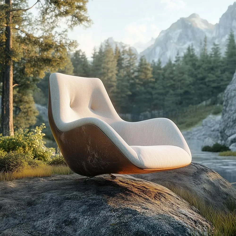 Sillón presentado en un entorno natural.