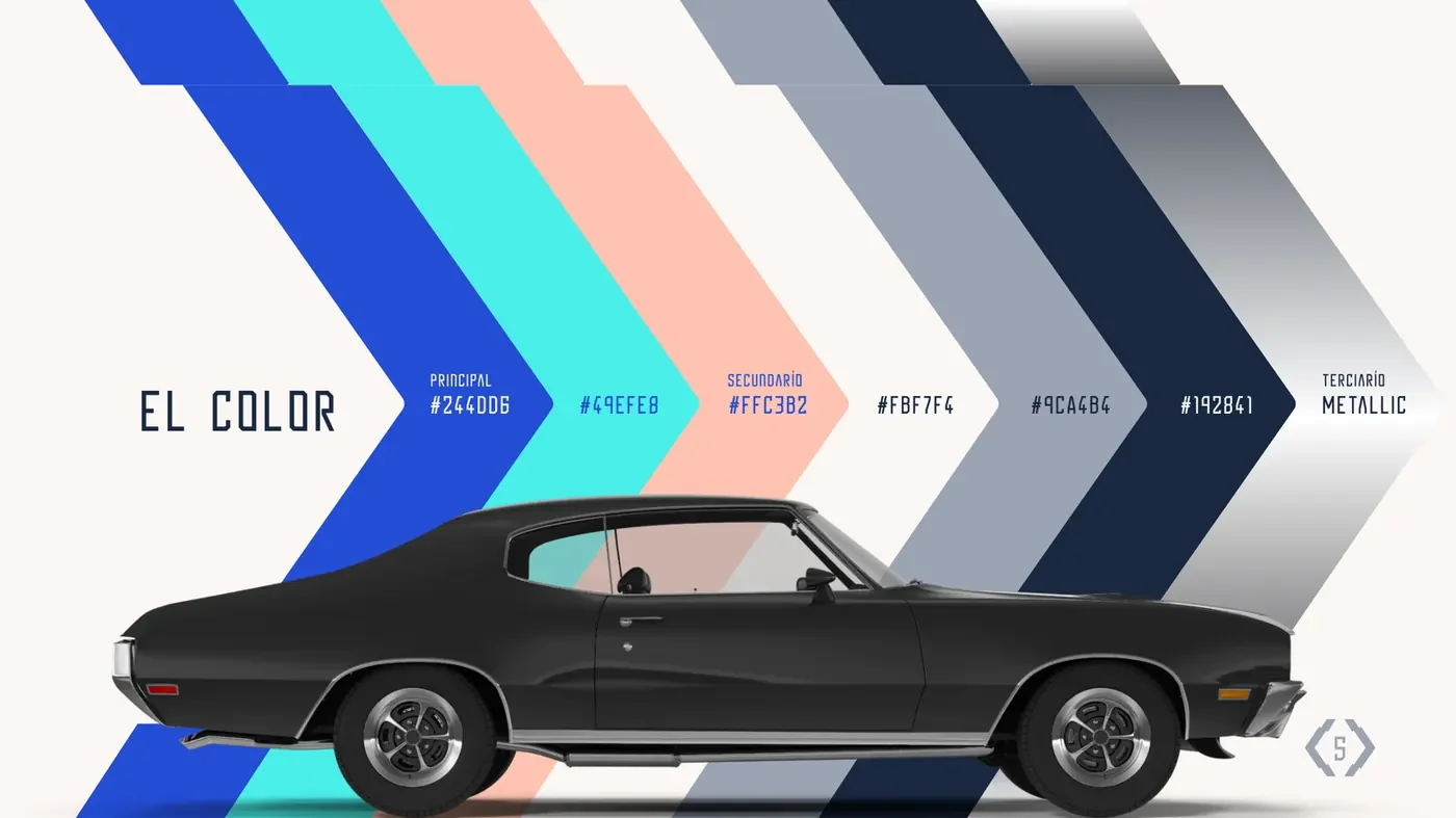 Paleta cromática inspirada en automóviles clásicos.